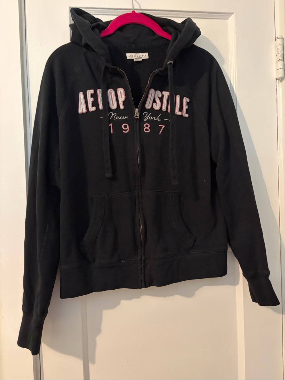 Aeropostale Black Zip Front Hoodie with Pink Logo